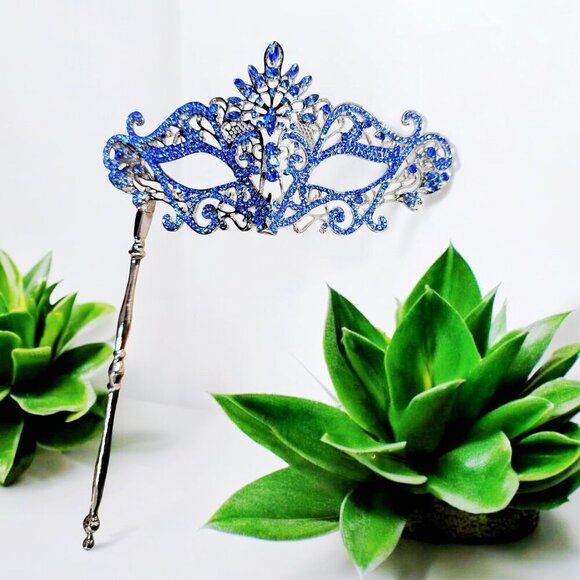 Blue Crystal Masquerade Mask with Stick, Silver Masquerade Mask, Venetian Mask - Picture 1 of 9